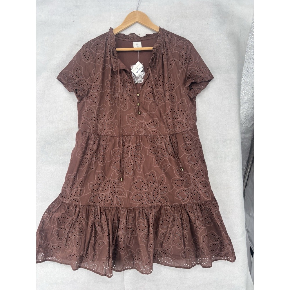 Joie Womens L Chocolate Floral Eyelet Tiered Mini Dress Short Sleeve NWT